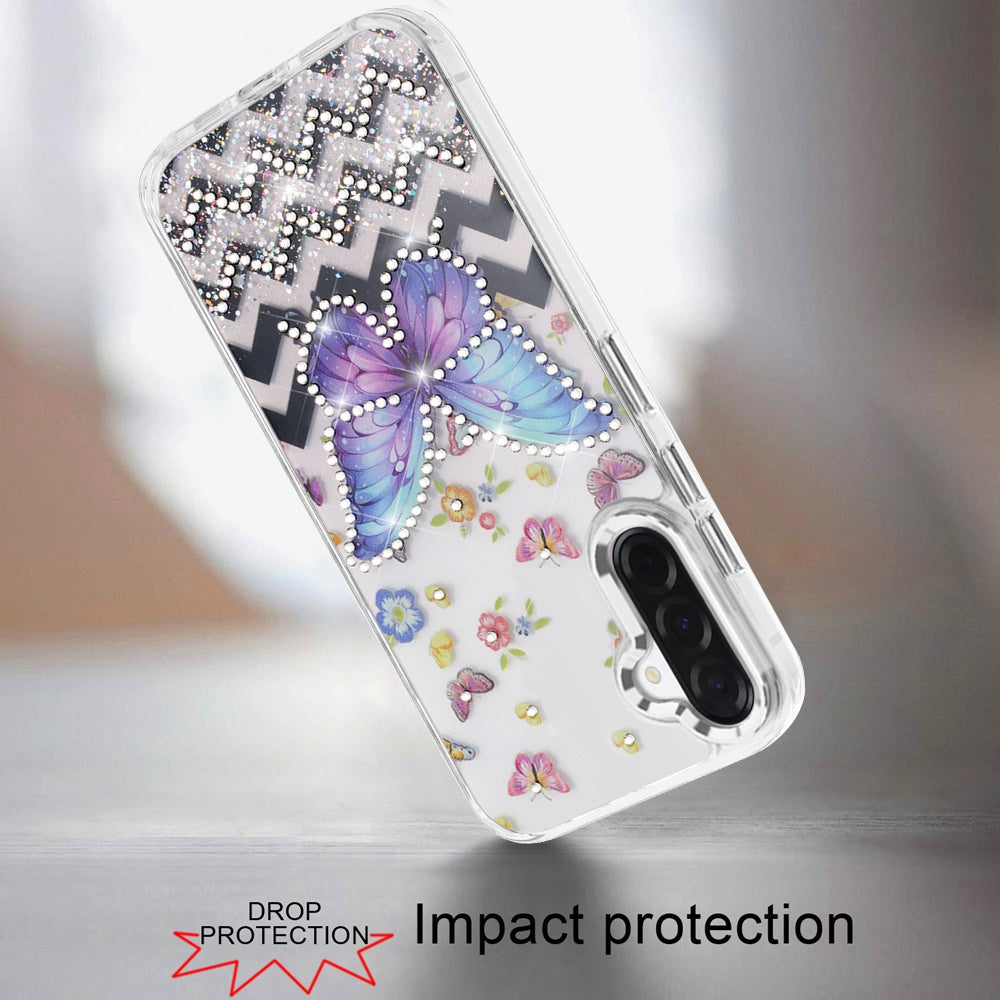 Phone Case for Samsung Galaxy A27 Butterfly Resin Epoxy Diamond Bling Metal Edge Shockproof Hybrid Luxury Protective Durable Stylish Fashion Grip Cover