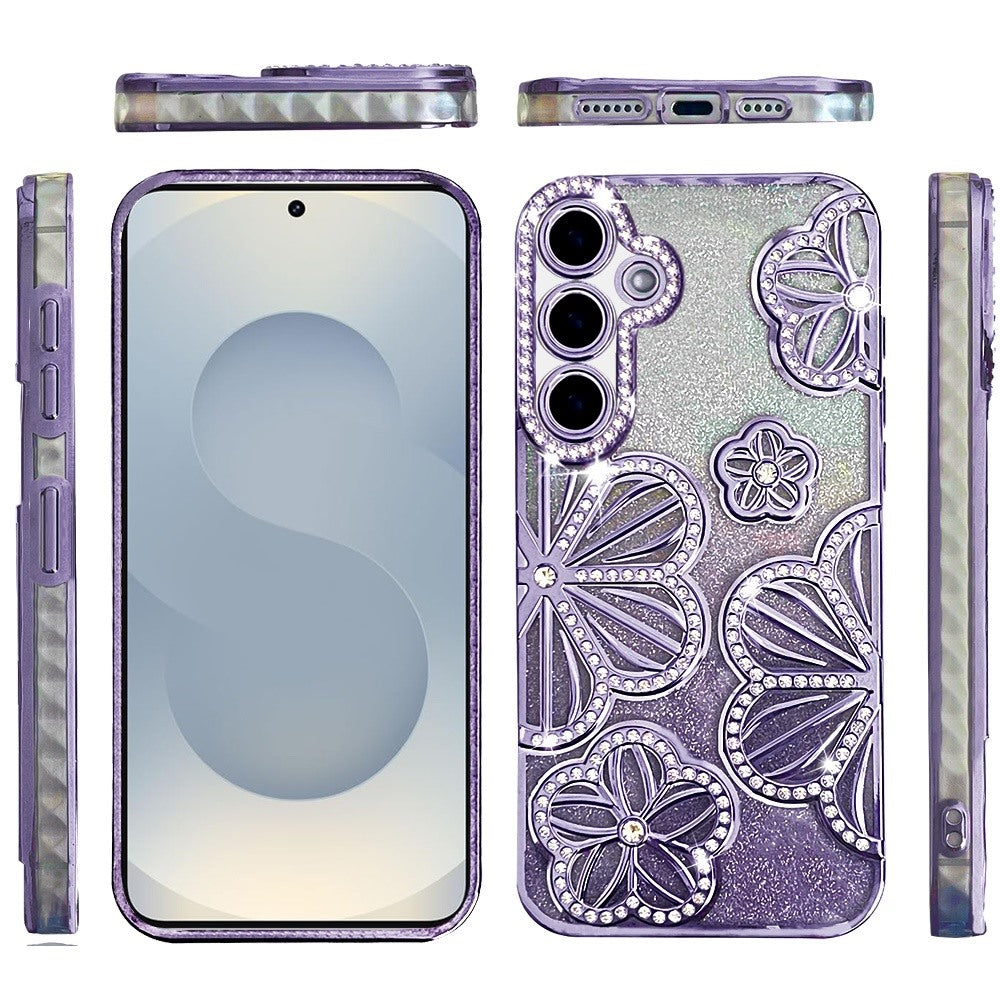 For Samsung Galaxy S26+ / S26 Plus Luxury Flower Design Sparkle Glitter Diamond Rhinestone Shimmer Bling Plating Thick TPU Hard PC Case Cover