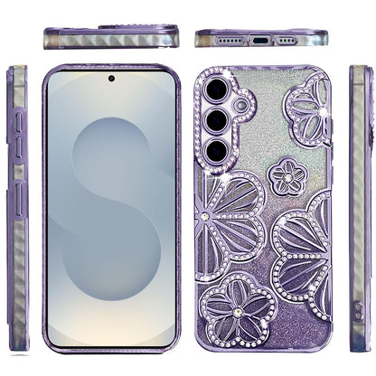 For Samsung Galaxy S26+ / S26 Plus Luxury Flower Design Sparkle Glitter Diamond Rhinestone Shimmer Bling Plating Thick TPU Hard PC Case Cover