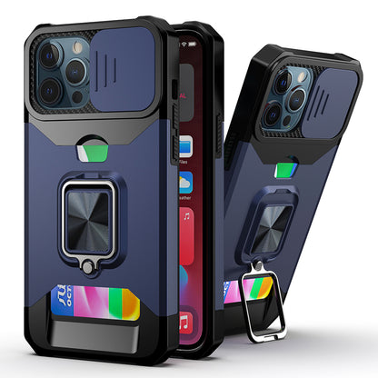 Phone Case for Apple iPhone 14 Pro Max Card Holder Magnetic Ring Stand Shockproof Anti Slip Wallet Grip Protective Hybrid Design Cover Blue