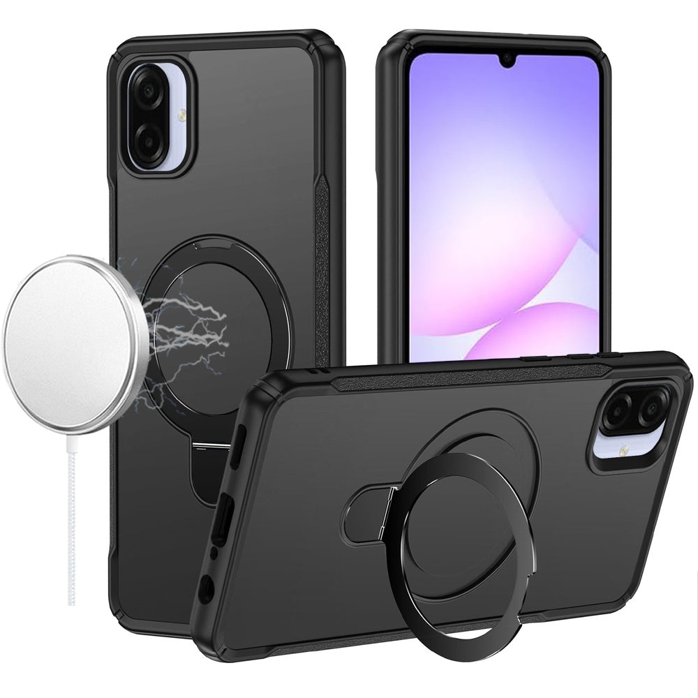 Phone Case for Samsung Galaxy A08 4G, A07 5G, A07 4G Magnetic Ring Stand Matte Finish Shockproof Grip Slim Armor Heavy Duty TPU Protective Hybrid Cover Black