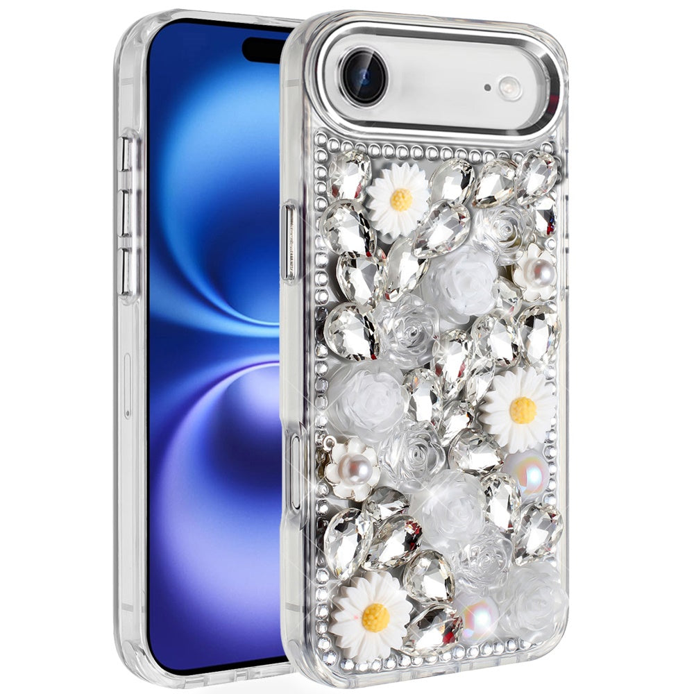 For Apple iPhone 17 Air (6.6") Fashion Daisy Floral Series, Full 3D Bling Crystal Diamonds Sparkling Rhinestone Glitter Hybrid Design Case Cover