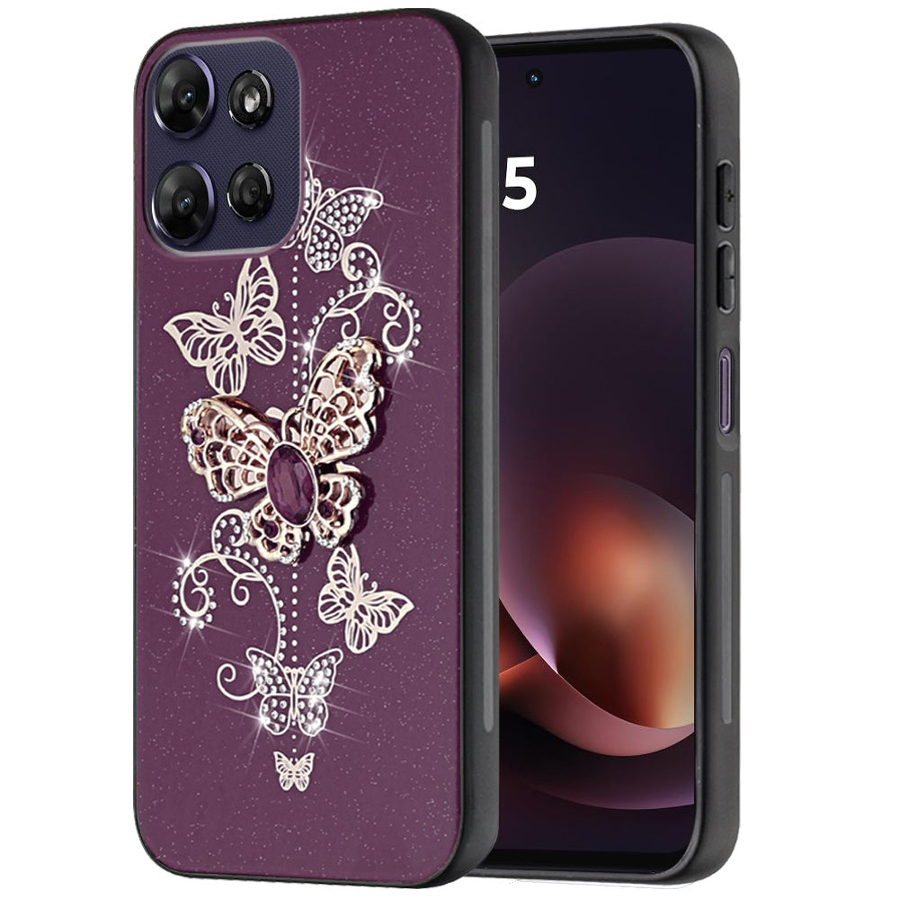 Phone Case for Moto G Power 5G (2026/2025) Diamond Glitter 3D Butterfly Engraved Luxury Bling Hybrid Shockproof Chrome Edge Protective Durable Grip Cover Purple