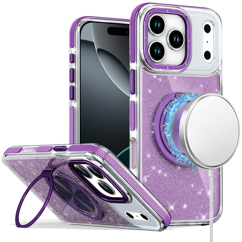 For Apple iPhone 17 Pro Max (6.9") Slim Bling Glitter Sparkly Shimmer Hybrid with Magnetic Ring and 360° Rotational Stand [Compatible with Magsafe] Case Cover