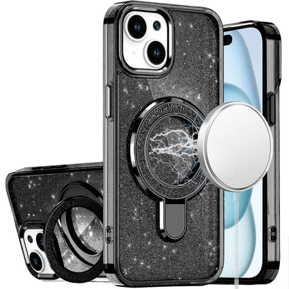 For iPhone 15 Plus (6.7") Transparent Glitter Bling Case with Rotating Magnetic Ring Stand, Shockproof Hybrid Case Cover Black