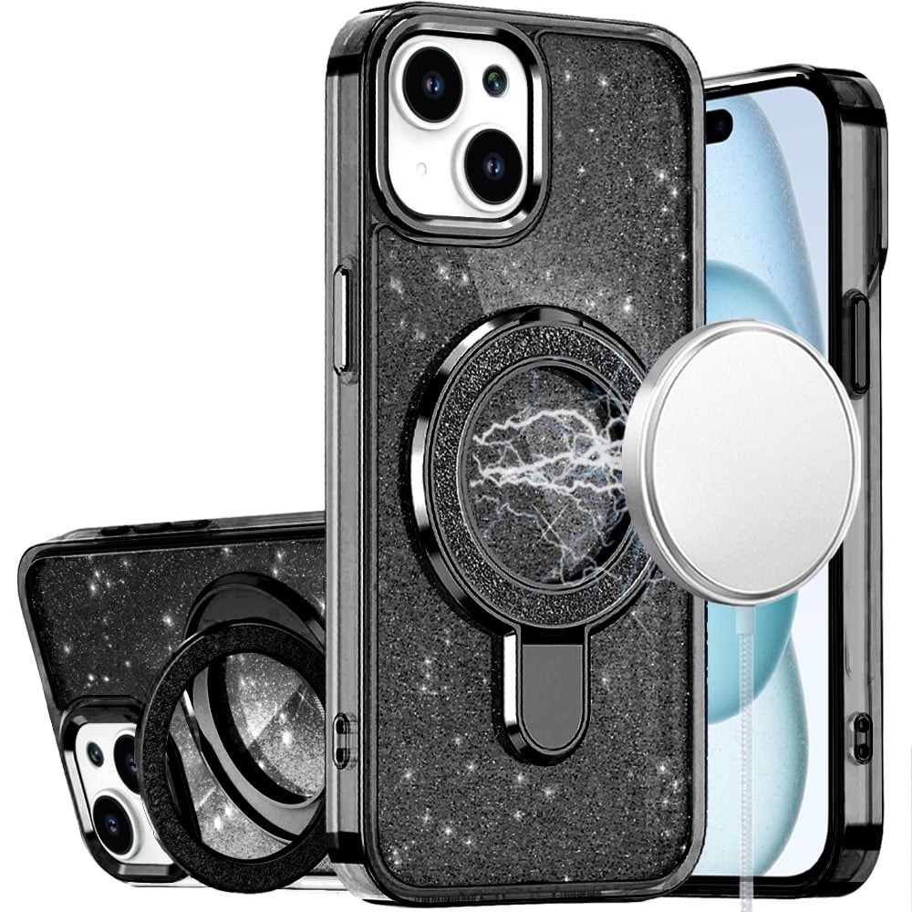 For iPhone 15 Plus (6.7") Transparent Glitter Bling Case with Rotating Magnetic Ring Stand, Shockproof Hybrid Case Cover Cosmic Orange