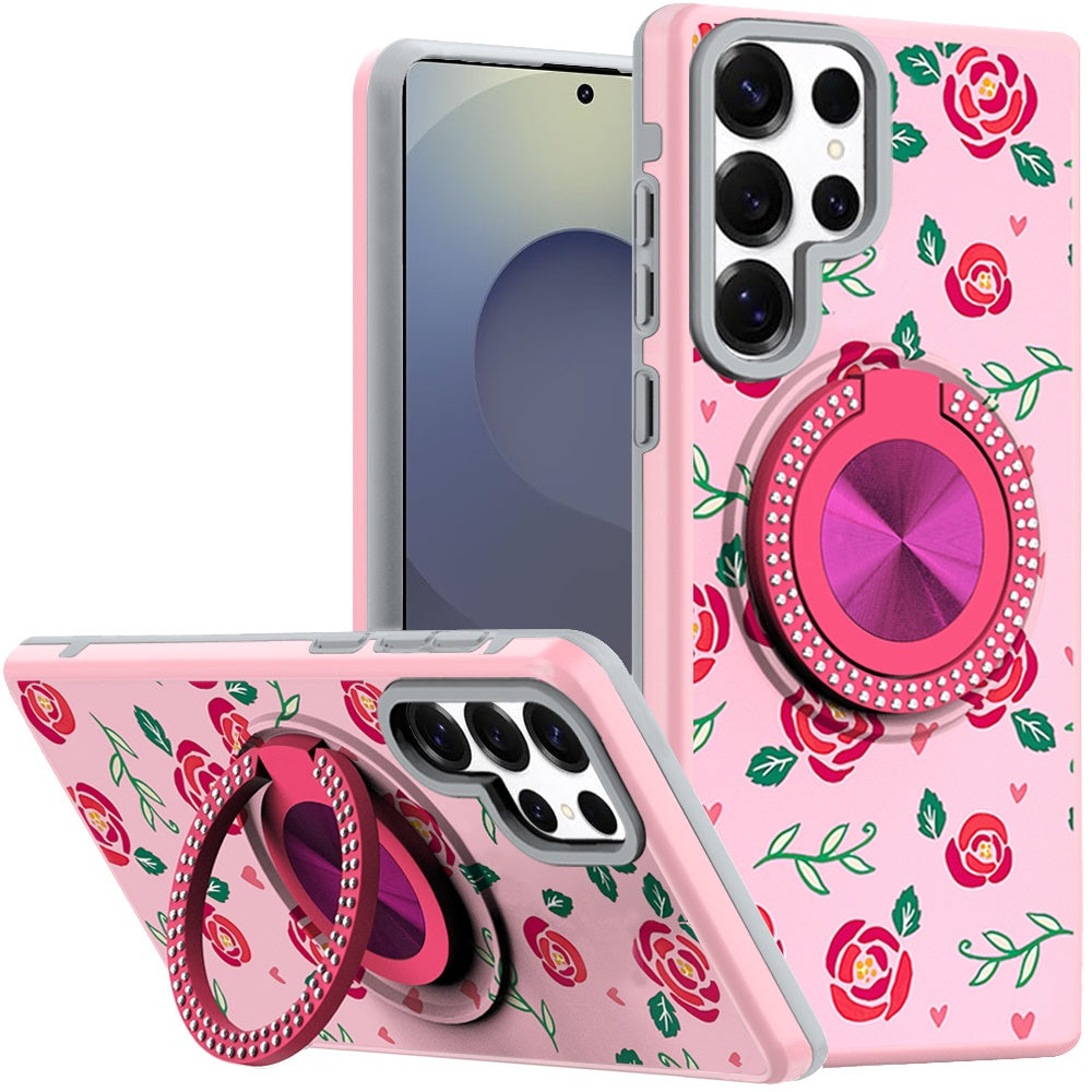 For Samsung Galaxy S25 Ultra Pattern Design Hybrid with Invisible Ring Stand & Magnetic Back, Shockproof Protective Grip Case Cover