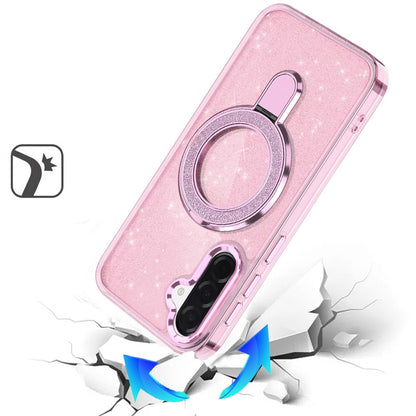 Phone Case for Samsung Galaxy A57 Transparent Glitter Bling Magnetic Ring Stand Shockproof Anti Slip Rotating Grip Protective Hybrid Durable Armor Cover