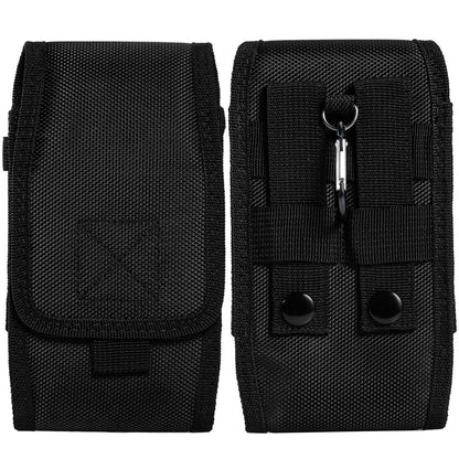 For Apple iPhone 16 Pro (6.3") Universal Vertical Pouch Case Nylon Cell Phone Holster with Belt Clip Loop, Carabiner and Credit Card Slot Cover [Black]