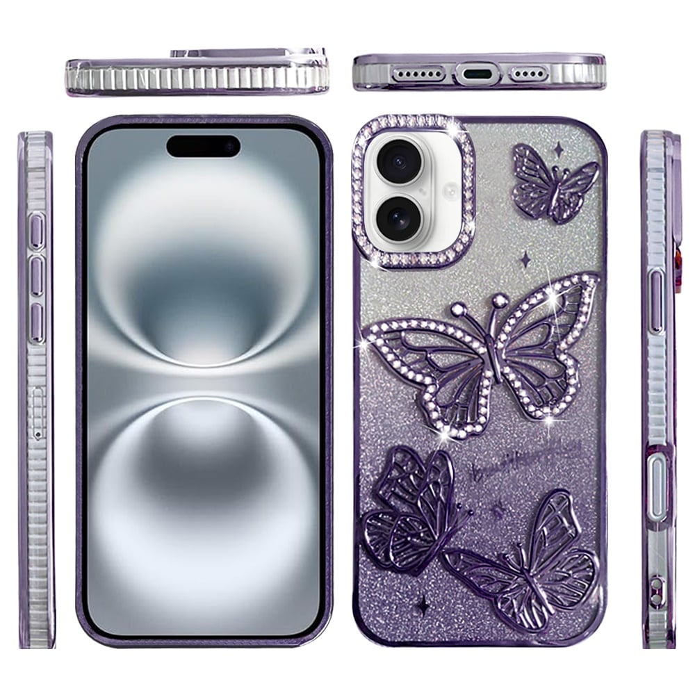 Phone Case for Apple iPhone 16 Plus Butterfly Freedom Shimmer Glitter Thick TPU Shockproof Anti Slip Durable Protective Design Cover Purple