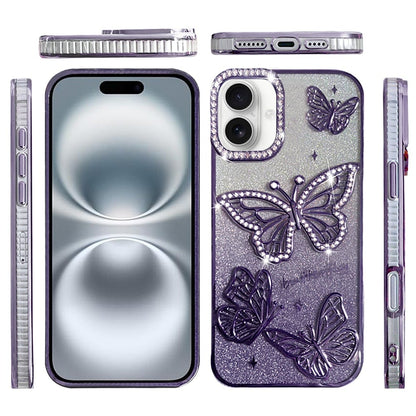 Phone Case for Apple iPhone 16 Plus Butterfly Freedom Shimmer Glitter Thick TPU Shockproof Anti Slip Durable Protective Design Cover Purple
