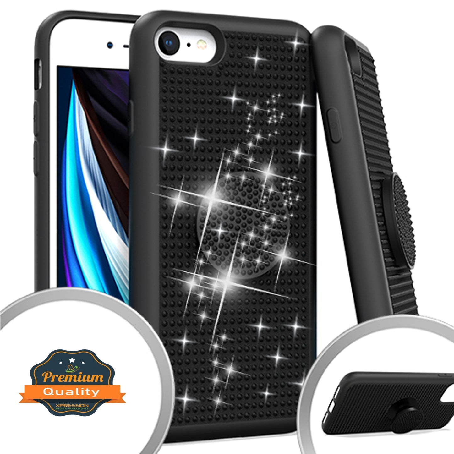 For Apple iPhone 15 Pro (6.1") Luxury Glitter Sparkle Bling Rugged Hybrid with Collapsible Stand Ring Holder Hard Shell  Phone Case Cover