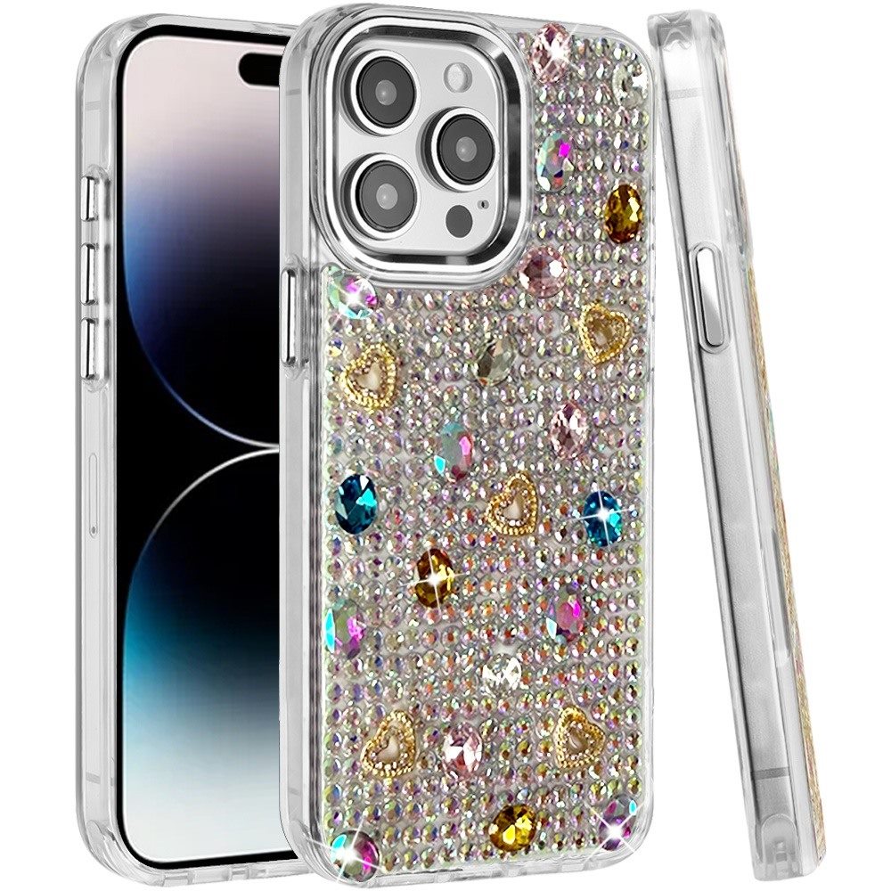Phone Case for Apple iPhone 14 Pro Max Chrome Fashion Hybrid Bling Diamond Heart Rhinestone Decorative Stones Sparkling Embellished Design Cover