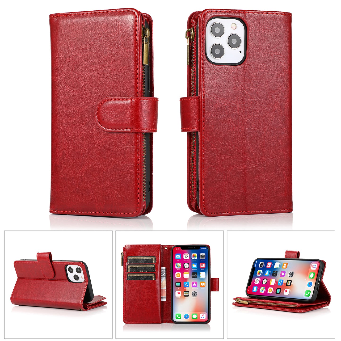 For Apple iPhone 16 Plus (6.7") Leather Zipper Wallet Case 9 Credit Card Slots Cash Money Pocket Clutch Pouch Stand & Strap Case Cover Red