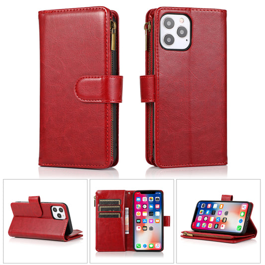 For Apple iPhone 16 Plus (6.7") Leather Zipper Wallet Case 9 Credit Card Slots Cash Money Pocket Clutch Pouch Stand & Strap Case Cover Red