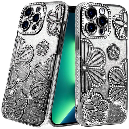 For Apple iPhone 13 Pro Luxury Flower Design Sparkle Glitter Diamond Rhinestone Shimmer Bling Plating Thick TPU Hard PC Case Cover