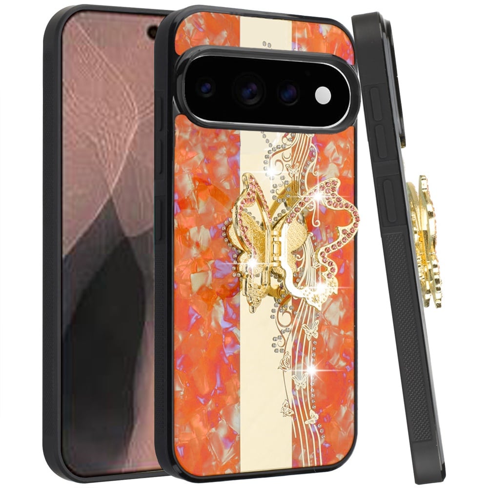 Phone Case for Google Pixel 11 /11 Pro Diamond Glitter Butterfly Engraved Ring Stand Luxury Bling Hybrid Shockproof Chrome Edge Protective Durable Grip Cover