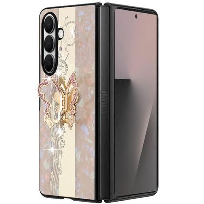 Phone Case for Galaxy Z Fold 7 Diamond 3D Fashion Floral Glitter Engraved Luxury Bling Hybrid Shockproof Chrome Edge Protective Grip Cover Gold