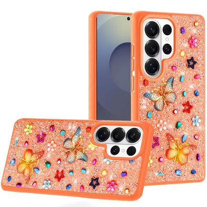 Phone Case for Samsung Galaxy S25 Ultra 3D Butterfly Diamond Bling Glitter Shockproof Stylish Protective Luxury Hybrid Sparkly Durable Grip Design Cover Cosmic Orange
