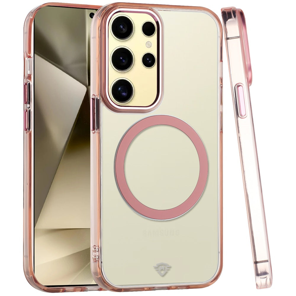 For Samsung Galaxy S24+ Plus Transparent Back Hybrid Case - Magnetic Circle, Color Frame, Metal Buttons, MagSafe Compatible Case Cover