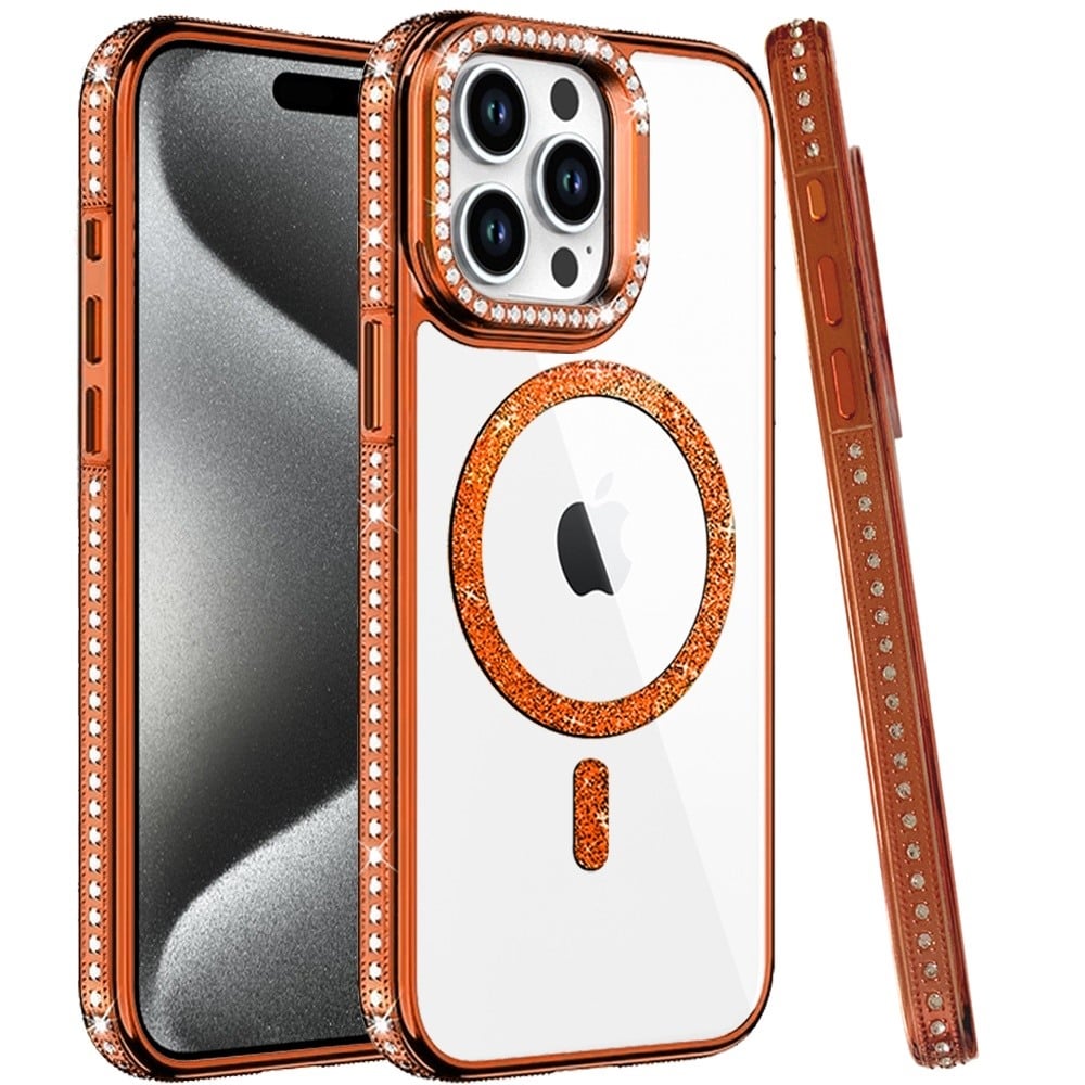 Phone Case for Apple iPhone 15 Pro Max Luxury Diamond Bling Edged Magnetic Glitter Shockproof Hybrid with Camera Kickstand Durable Grip Cover