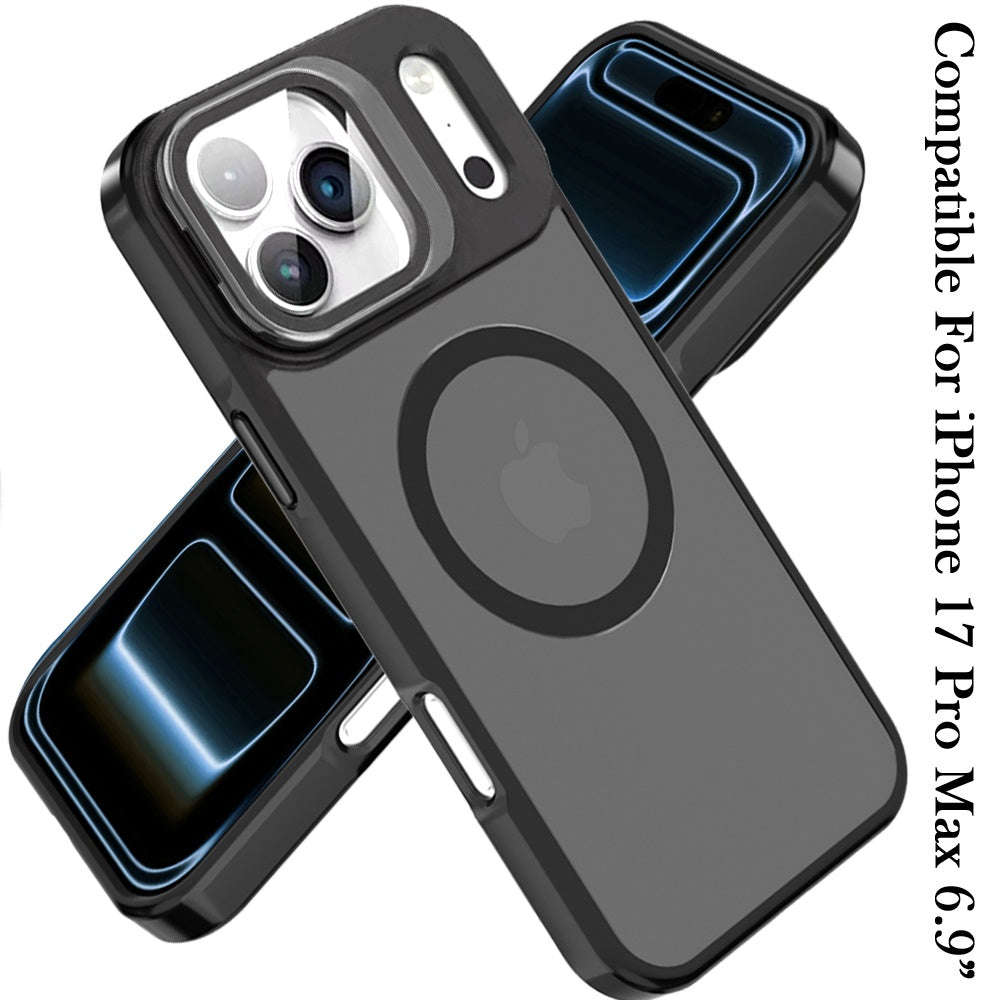 Phone Case for Apple iPhone 17 Pro Max Magnetic Circle Camera Stand Aluminum Frame Shockproof Rugged Kickstand Metallic Button Hybrid Protective Durable Grip Cover Black