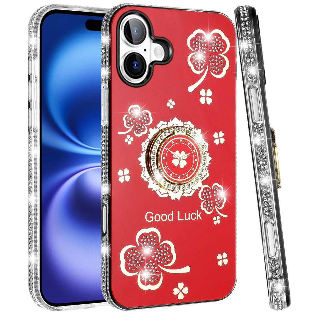 For Apple iPhone 17 (6.3") Diamonds Bling All Around Edges Sparkly Glitter Hybrid with Ring Stand Holder Fashion Good Luck Case Cover