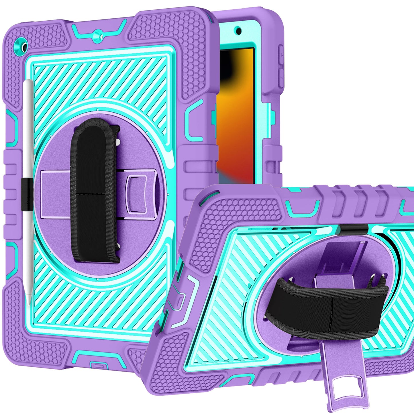For Hybrid 3in1 Multi-Functional Shockproof Tablet Case with Hand, Shoulder Strap, Pencil & Stand Holder Purple Teal Tablet Case Cover