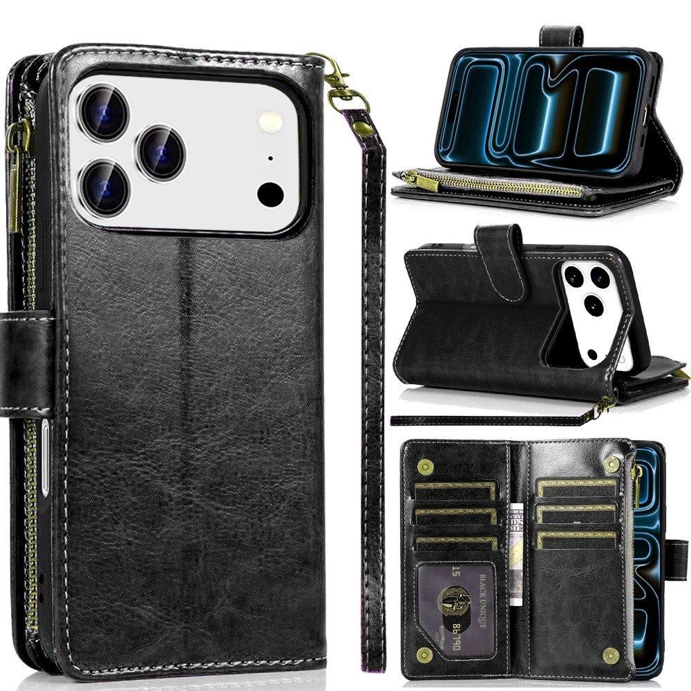 Phone Case for Apple iPhone 18 Pro Luxury Leather Wallet Card Holder Zipper Pocket Money Storage Protective Grip Design with Strap Cover