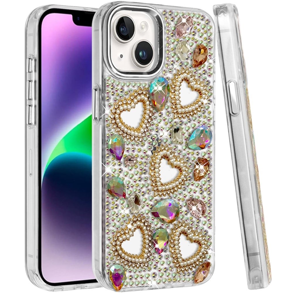 Phone Case for Apple iPhone 14 Luxury Crystal Heart Rhinestone Diamond Bling Shockproof Hybrid Glitter Protective Stylish Durable Grip Cover
