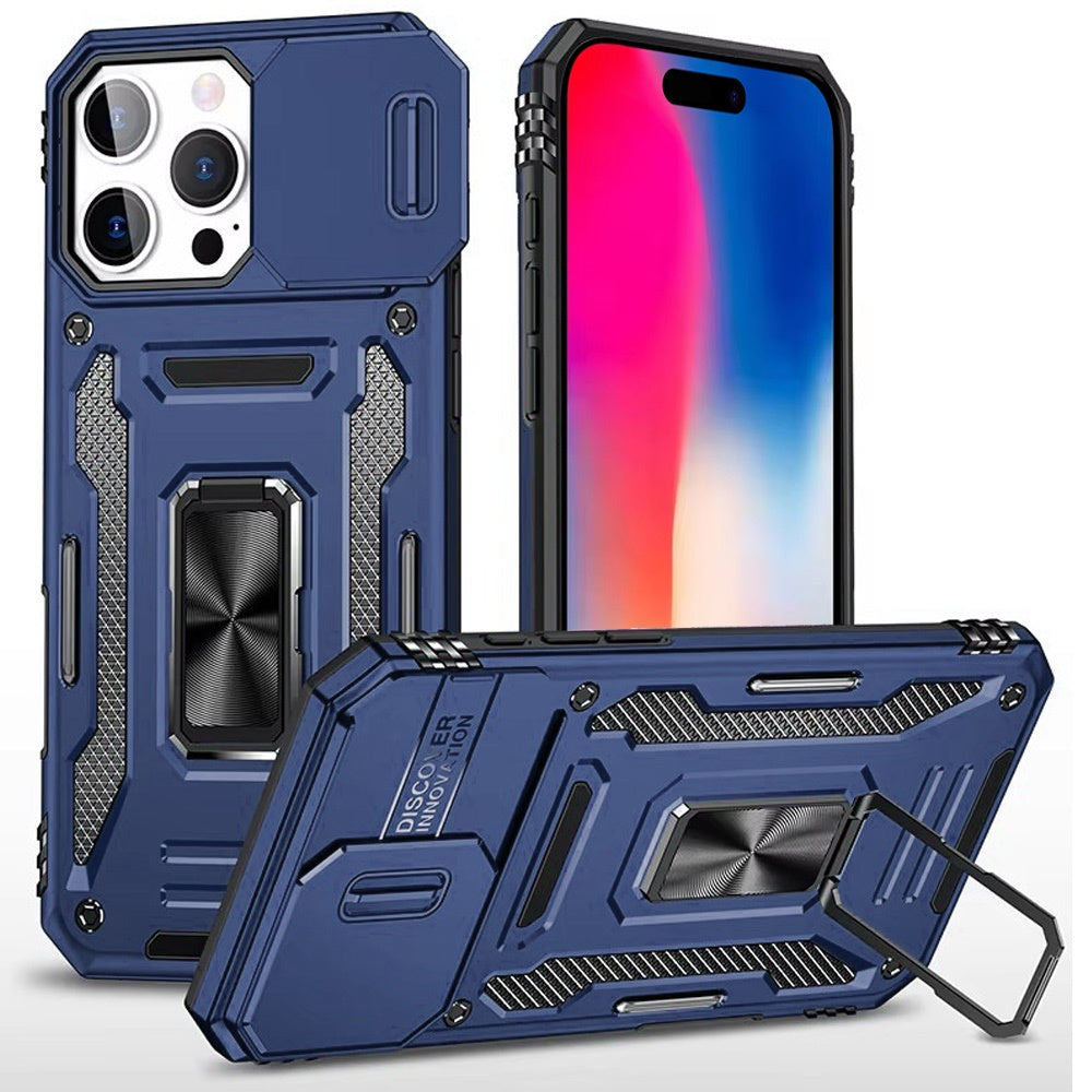 For Apple iPhone 12 /12 Pro Tough Hybrid Case with Movable Camera Window & Metal Ring Stand Shockproof Case Cover Cosmic Orange