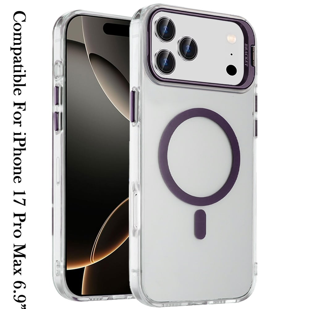 For Apple iPhone 17 Pro Max (6.9") Magnetic Back MagSafe Compatible Transparent Hybrid Drop Protection with Metallic Camera Stand Case Cover Dark Purple