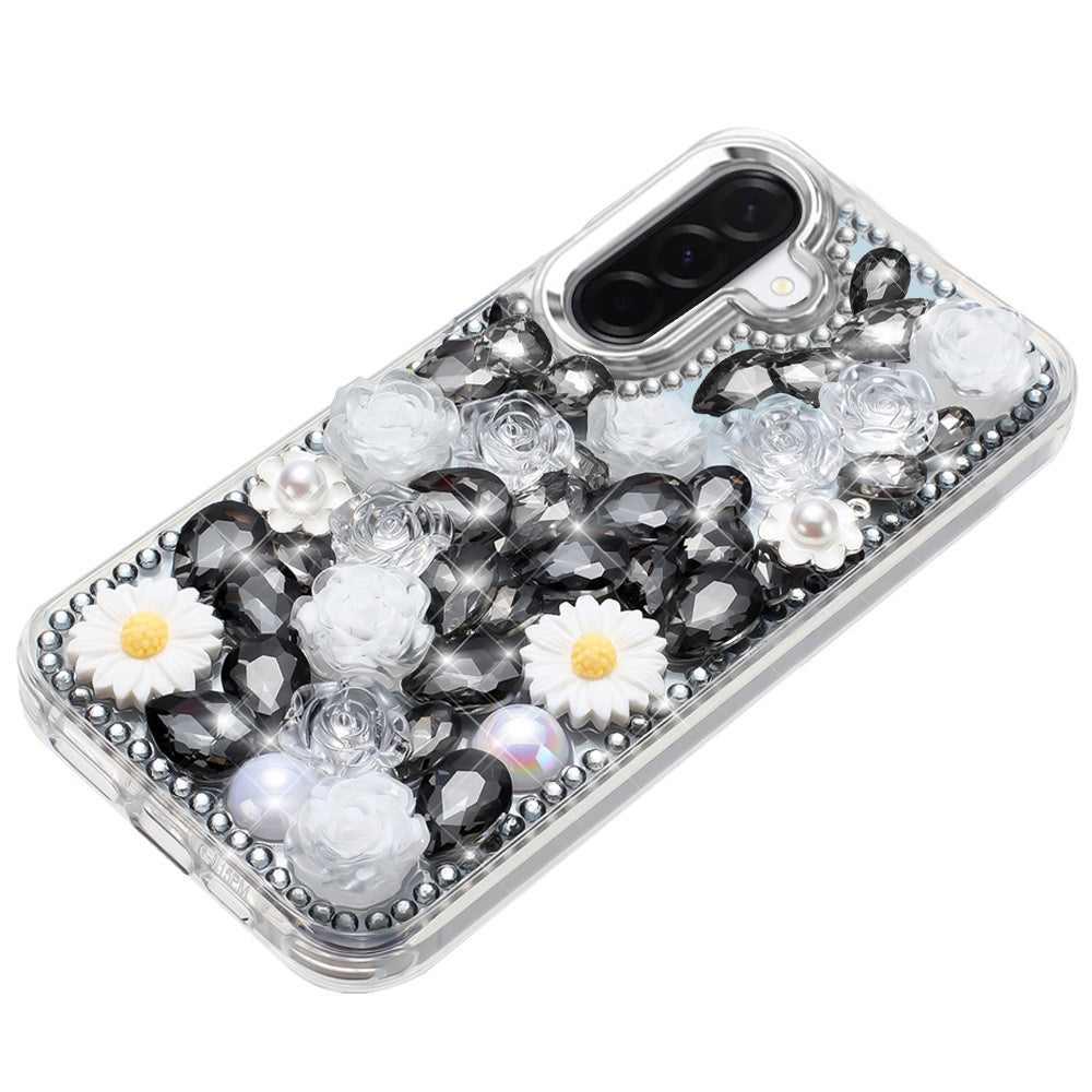 Phone Case for Samsung Galaxy A27 Full Bling Rhinestone Glitter Floral Luxury Hybrid Shockproof Stylish Sparkling Protective Designer Ornament Cover