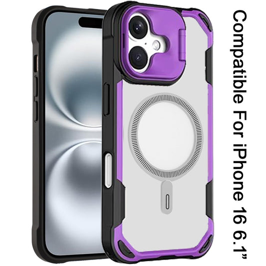 For iPhone 16 (6.1") Magnetic Circle Hybrid with Camera Stand, Compatible with MagSafe, Shockproof Protective Case Cover Purple