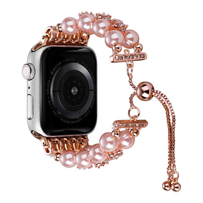 Watch Band for Apple Watch 42/44/45/46mm & Ultra 49mm, Series 4-10 & SE Pearls Fashion Bling Strand Metal Adjustable replacment Bracelet Style with Secure Attachment