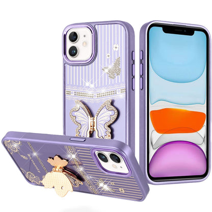 Phone Case for Apple iPhone 11 Glitter Bling Butterfly Stand Metallic Edge Hybrid Shockproof Grip Durable Camera Protection Stylish Design Cover Dark Purple