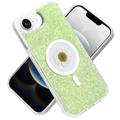 For Apple iPhone 16e MagSafe Compatible Glitter Flower Epoxy Hybrid Slim TPU Case, Magnetic Circle Design, Sparkly Bling Protective Case Cover