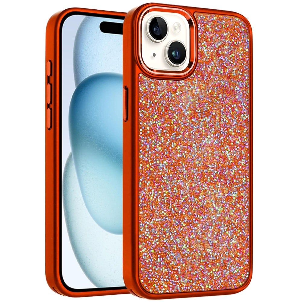 For iPhone 15 Plus (6.7") Crystal Sparkle Diamond Glass Full Mini Glitter Bling Frame TPU Hybrid Protective Case Cover Cosmic Orange