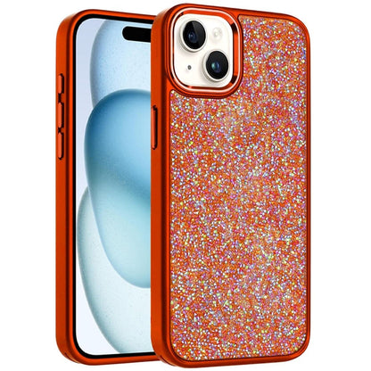 For iPhone 15 Plus (6.7") Crystal Sparkle Diamond Glass Full Mini Glitter Bling Frame TPU Hybrid Protective Case Cover Cosmic Orange