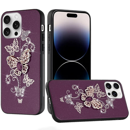 Phone Case for Apple iPhone 14 Pro Max Diamond Glitter 3D Butterfly Engraved Luxury Bling Hybrid Shockproof Chrome Edge Protective Durable Grip Cover Purple