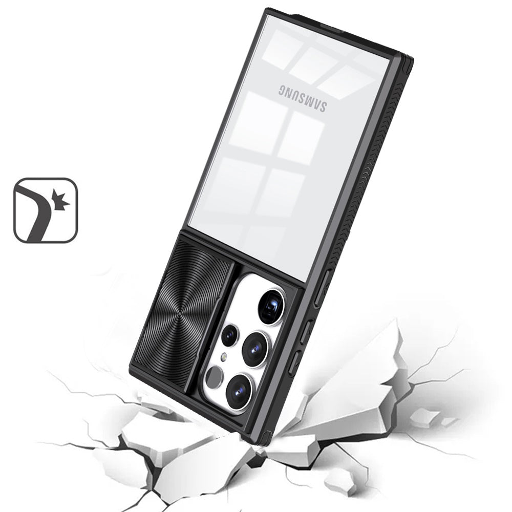 Phone Case for Samsung Galaxy S24 Ultra Clear Transparent Back with Sliding Camera Hybrid Shockproof Slim Protective Durable Colorful Frame Cover Black