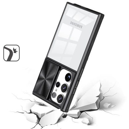 Phone Case for Samsung Galaxy S24 Ultra Clear Transparent Back with Sliding Camera Hybrid Shockproof Slim Protective Durable Colorful Frame Cover Black