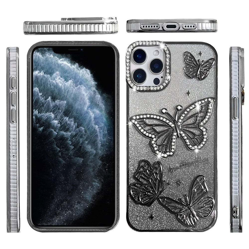 For Apple iPhone 11 Pro Max Luxury Butterfly Sparkle Glitter Diamond Crystal Rhinestone Shimmer Bling Plating Thick TPU Hard PC Case Cover