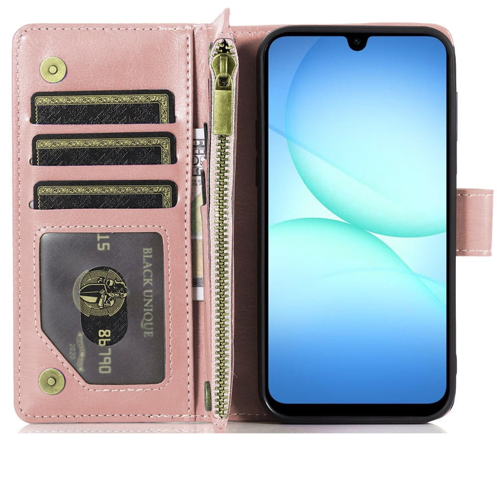 Phone Case for Samsung Galaxy A17 5G Luxury Leather Wallet Card Holder Zipper Pocket Money Storage Protective Grip Design with Strap Cover Pink