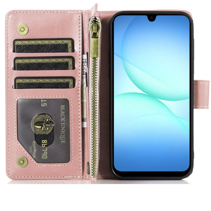 Phone Case for Samsung Galaxy A17 5G Luxury Leather Wallet Card Holder Zipper Pocket Money Storage Protective Grip Design with Strap Cover Pink