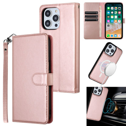 For Apple iPhone 16 (6.1") Deattachable PU Leather Hybrid Wallet Money Credit Card Holder Support Magsafe Charger Case Cover Rose Gold