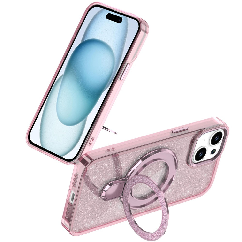 Phone Case for Apple iPhone 15 Transparent Glitter Bling Magnetic Ring Stand Shockproof Anti Slip Rotating Grip Protective Hybrid Durable Armor Cover Pink