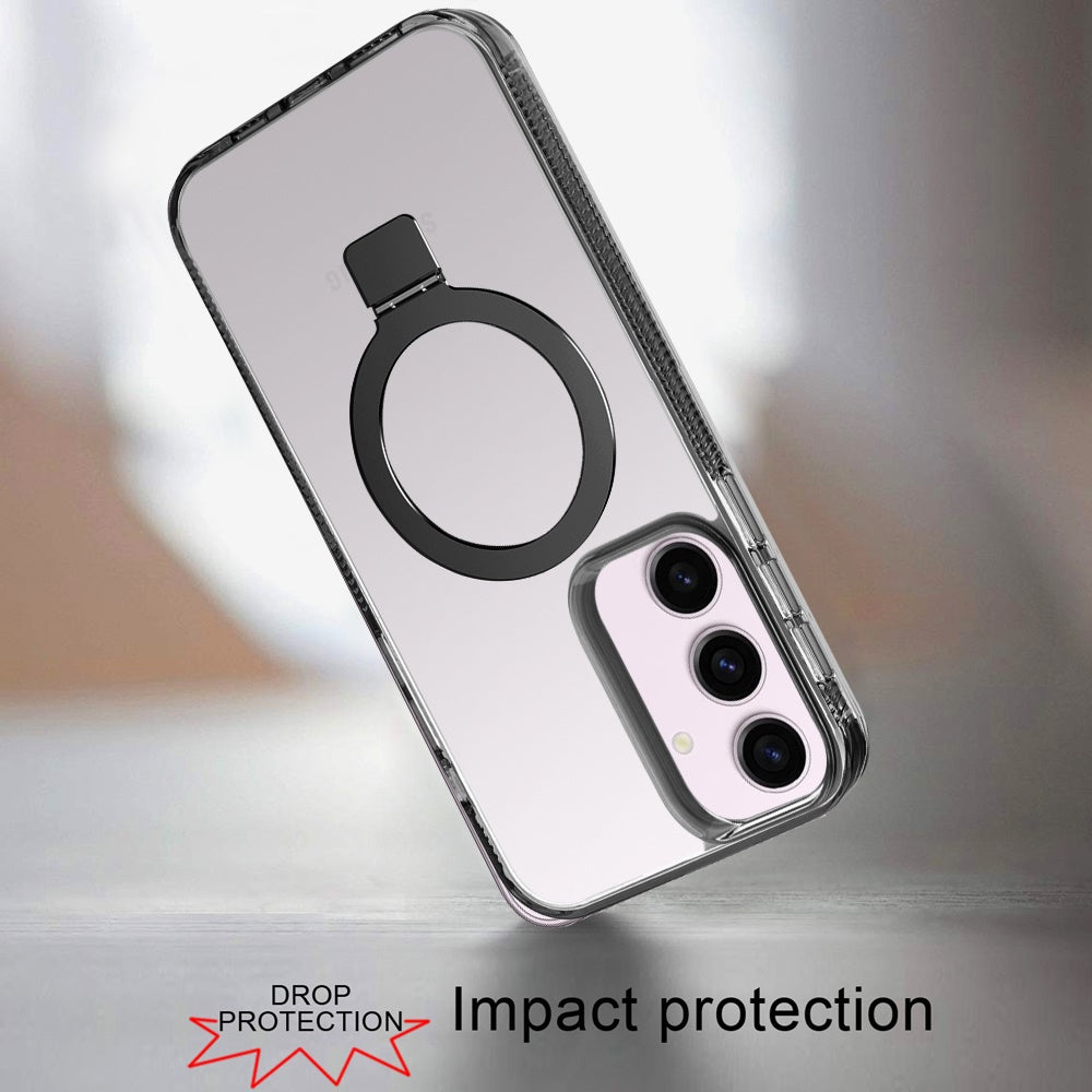 Phone Case for Samsung Galaxy S23 Transparent Dotted Edge Magnetic Ring Stand Shockproof Hybrid Grip Kickstand Clear Rugged Drop Protection Cover Black