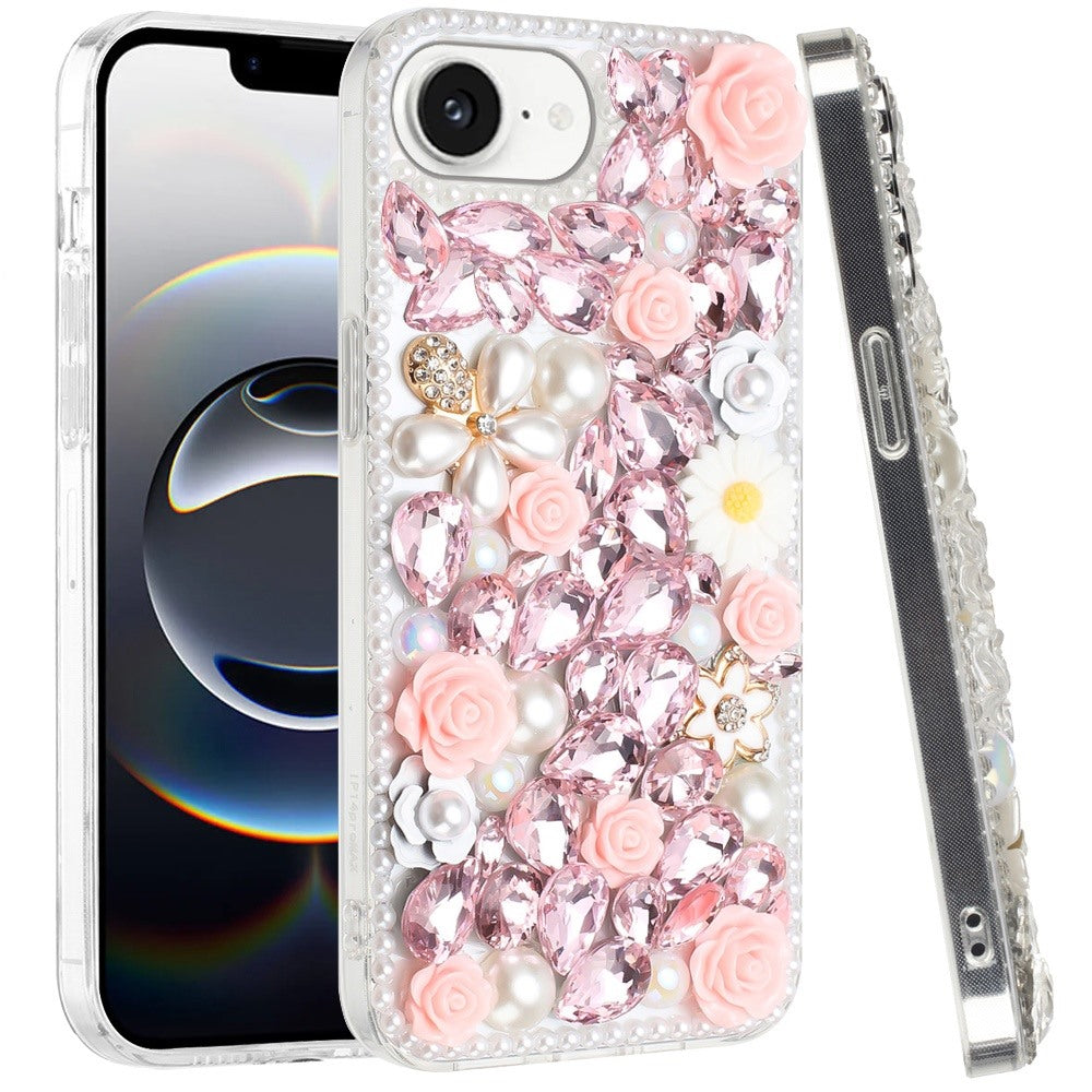 For Apple iPhone 17E /16E Fashion Rose Flower Floral, 3D Bling Crystal Full Diamonds Pearl Sparkle Rhinestone Glitter Hybrid Case Cover Pink