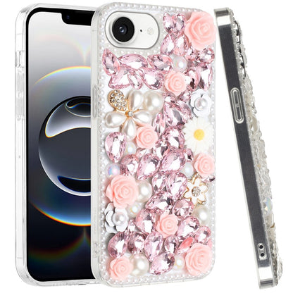 For Apple iPhone 17E /16E Fashion Rose Flower Floral, 3D Bling Crystal Full Diamonds Pearl Sparkle Rhinestone Glitter Hybrid Case Cover Pink